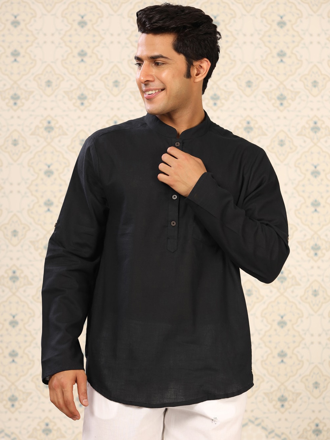 

Ode by House of Pataudi Black Mandarin Collar Pure Cotton A-Line Kurta