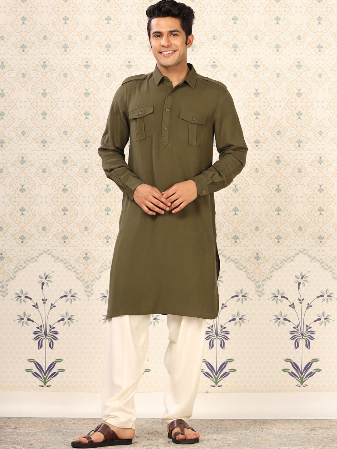 

Ode by House of Pataudi Olive Green Shirt Collar Pure Cotton Pathani Kurta