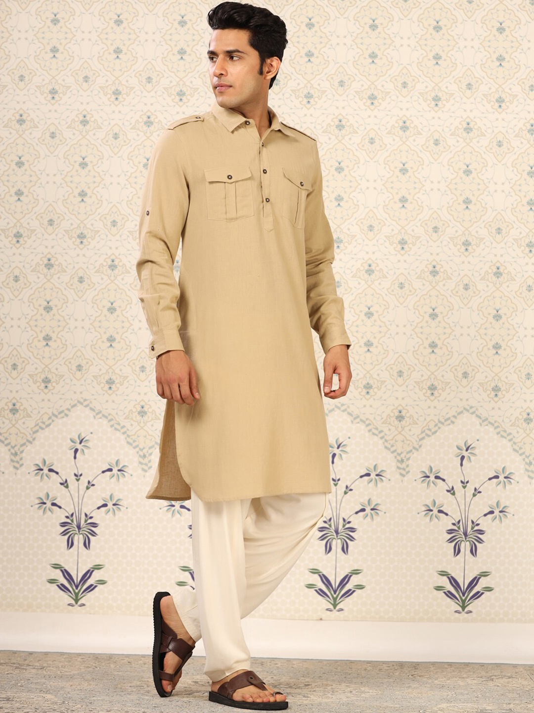 

Ode by House of Pataudi Beige Pure Cotton Pathani Kurta