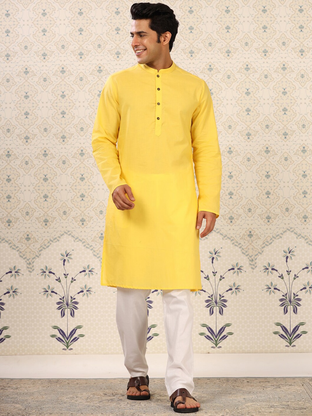 

Ode by House of Pataudi Yellow Mandarin Collar Pure Cotton Kurta with Trousers