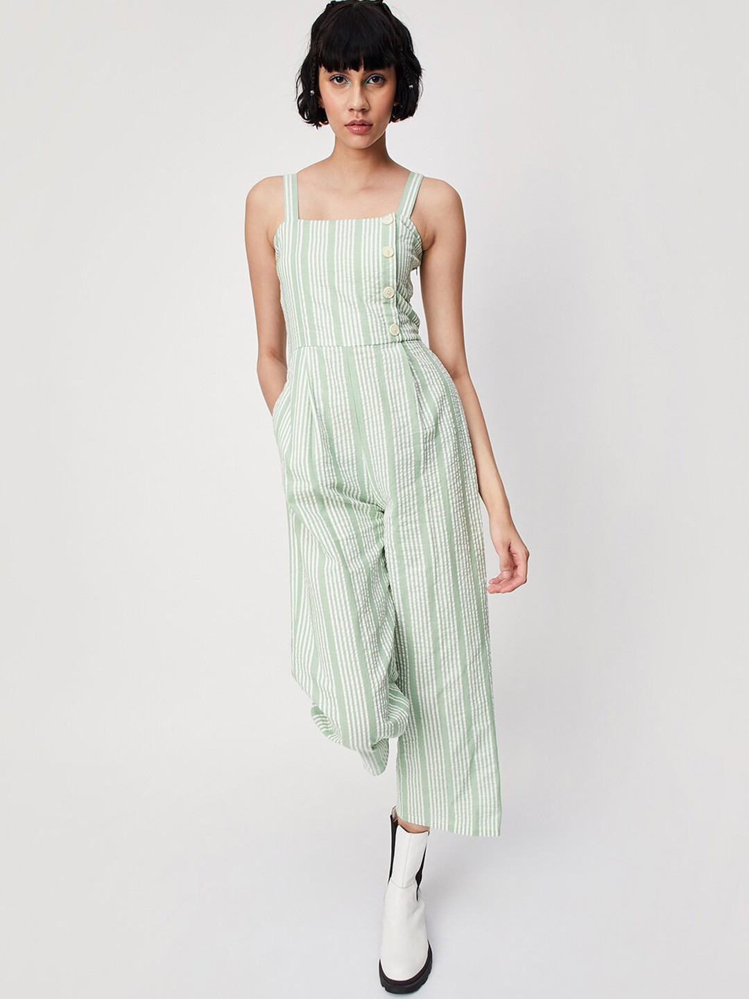 

max Shoulder Straps Striped Basic Jumpsuit, Green