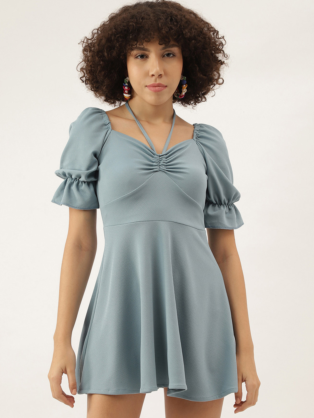 

AAHWAN Green Bell Sleeve Fit & Flare Mini Dress
