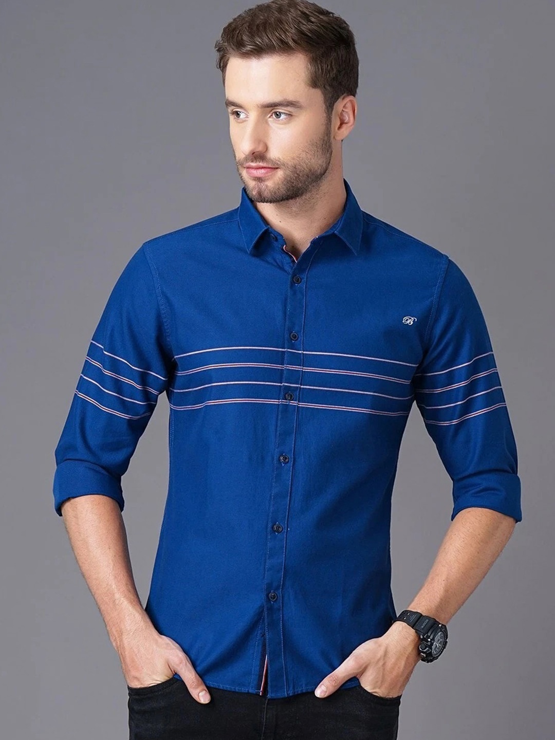 

British Club Spread Collar Smart Slim Fit Striped Casual Cotton Shirt, Blue