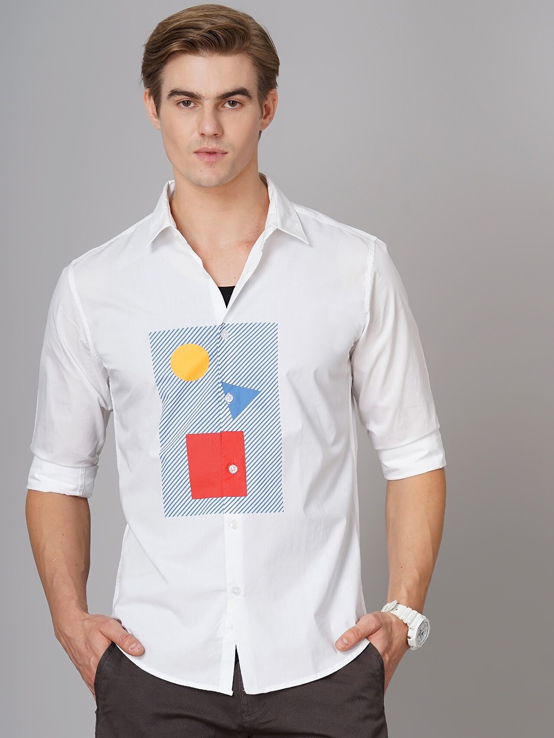 

British Club Smart Slim Fit Abstract Printed Opaque Casual Cotton Shirt, White