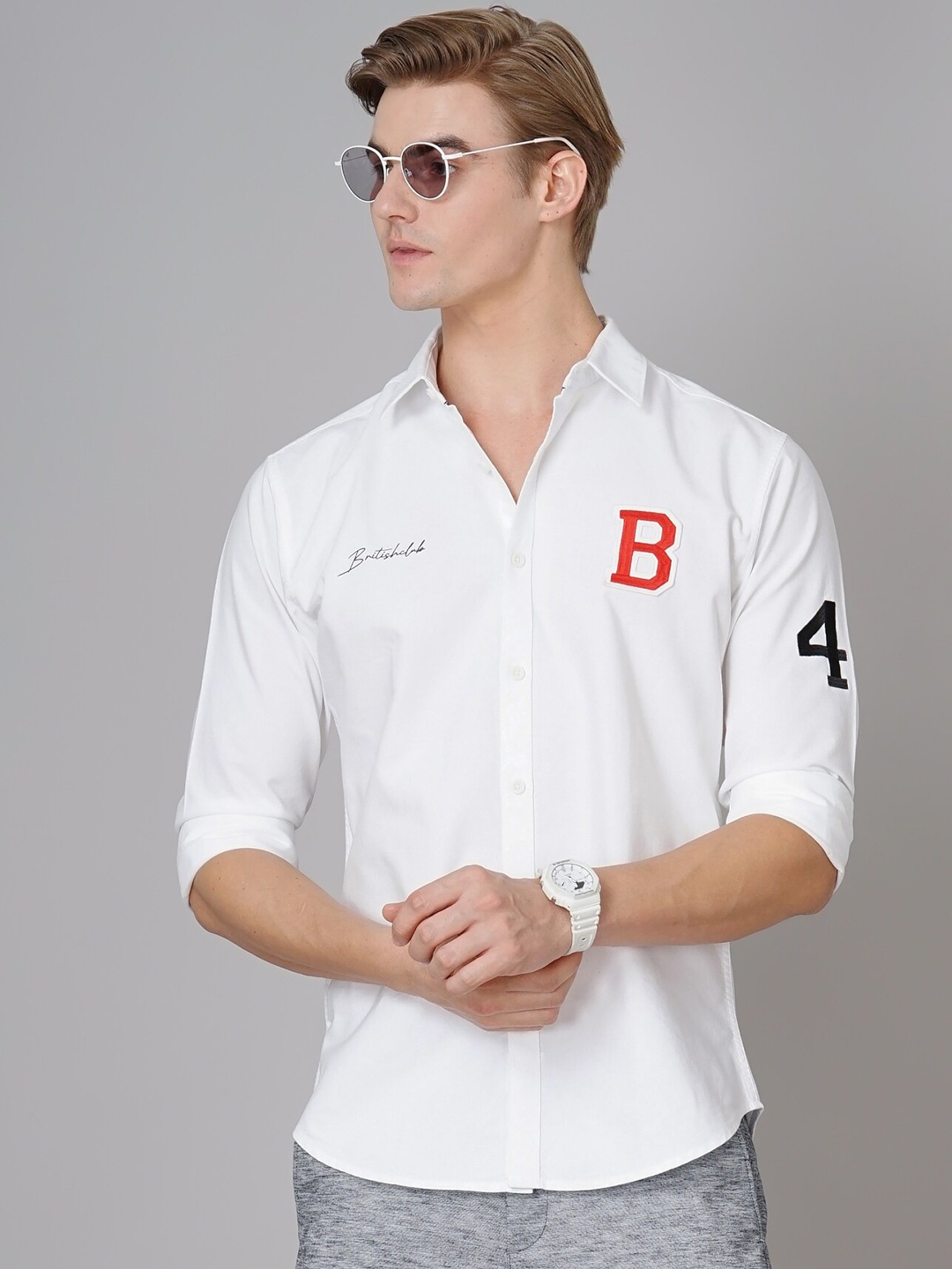 

British Club Smart Slim Fit Applique Detail Pure Cotton Casual Shirt, White