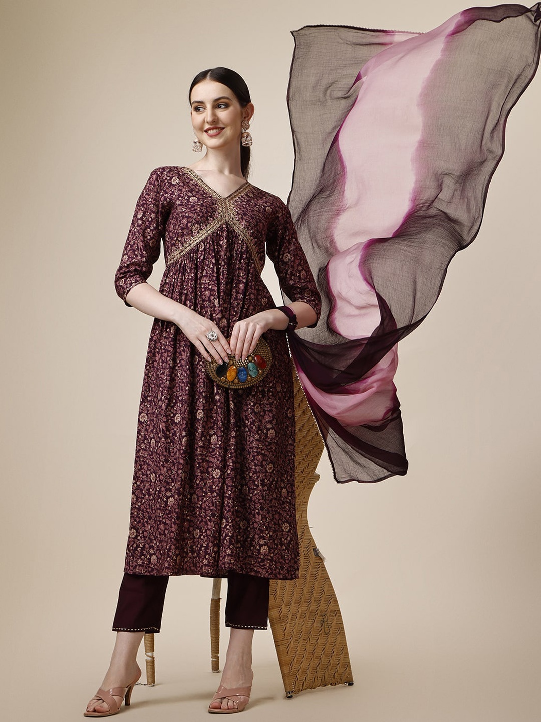 

Berrylicious Floral Embroidered Thread Work Kurta With Trousers & Dupatta, Purple