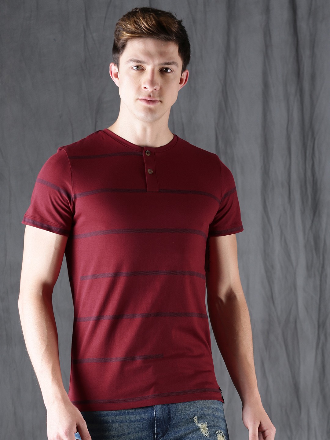 

WROGN Men Maroon Striped Henley Neck T-shirt