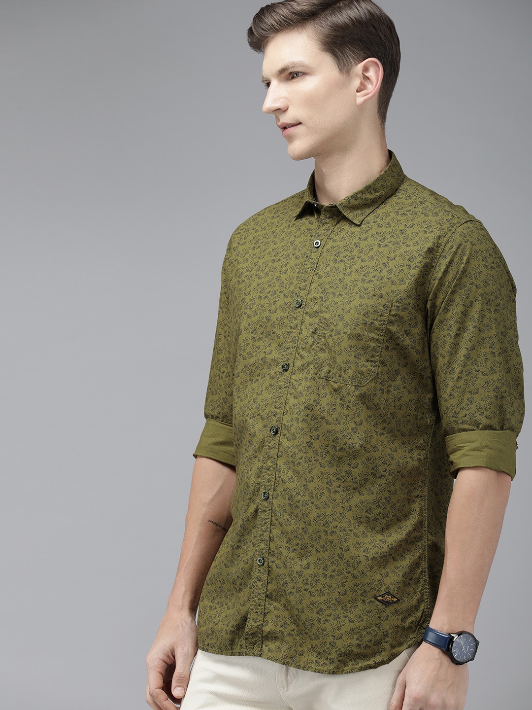 

VAN HEUSEN DENIM LABS Pure Cotton Slim Fit Floral Printed Casual Shirt, Olive