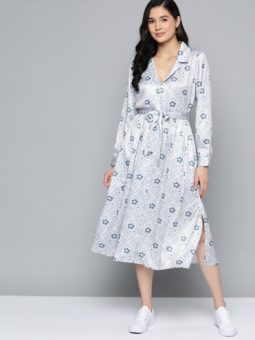 

Mast & Harbour Floral Print Satin Shirt Midi Dress With Belt, Grey