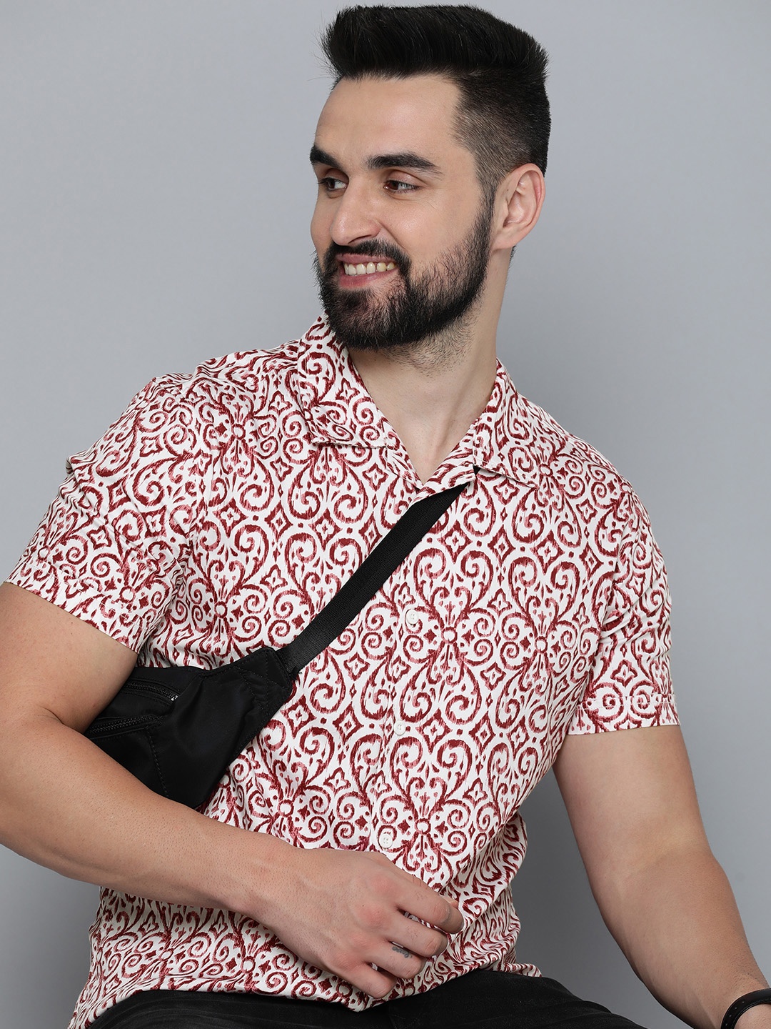 

HERE&NOW Pure Cotton Ethnic Motifs Print Slim Fit Shirt, White