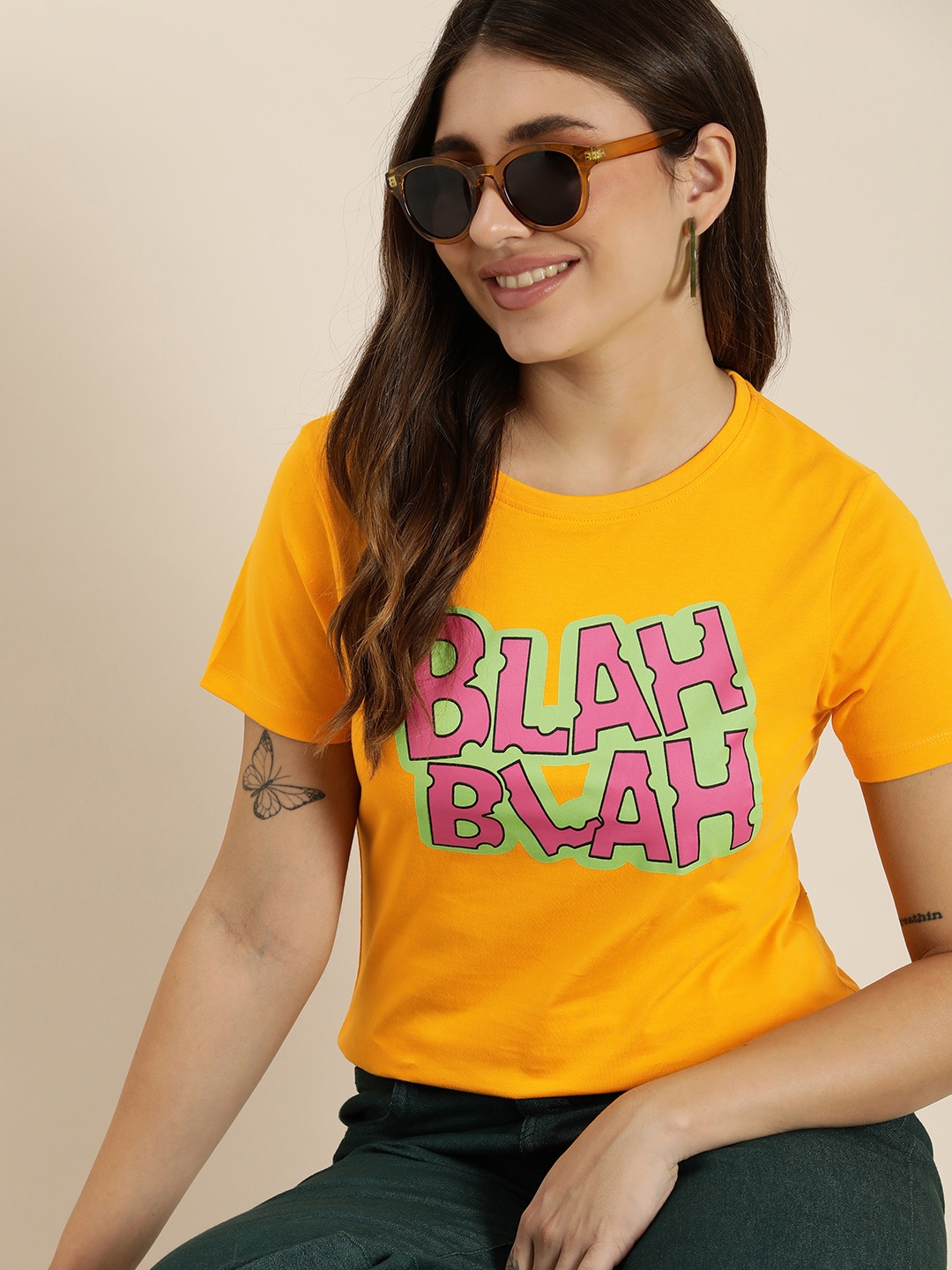 

HERE&NOW Women Typography Printed T-shirt, Yellow