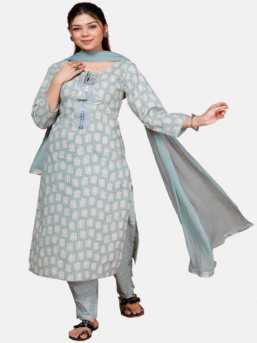 

HIGHLIGHT FASHION EXPORT Floral Printed Pure Cotton Kurta With Trousers & Dupatta, Grey