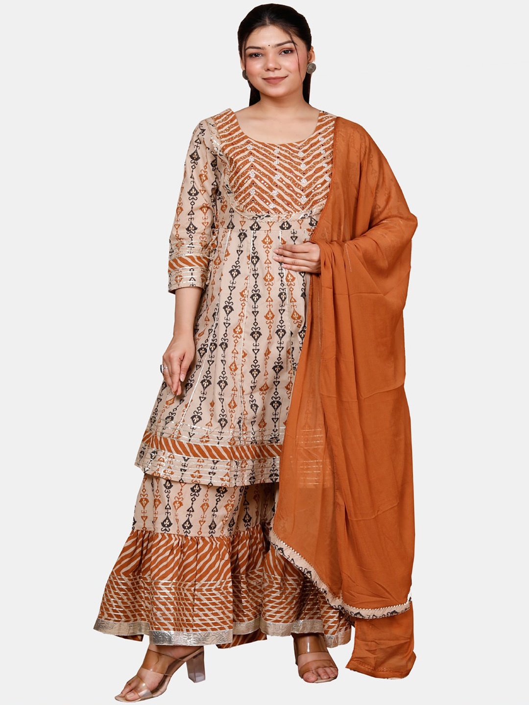 

HIGHLIGHT FASHION EXPORT Floral Printed Pure Cotton Kurti With Sharara & Dupatta, Beige