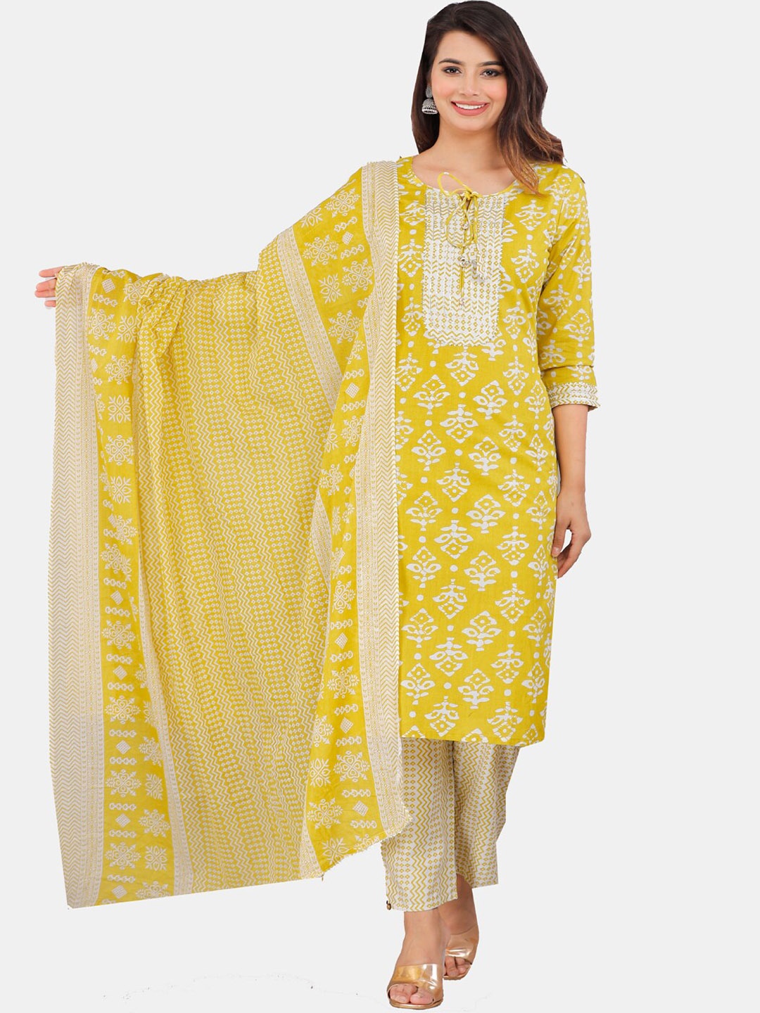 

HIGHLIGHT FASHION EXPORT Floral Printed Regular Pure Cotton Kurta with Trousers & Dupatta, Yellow