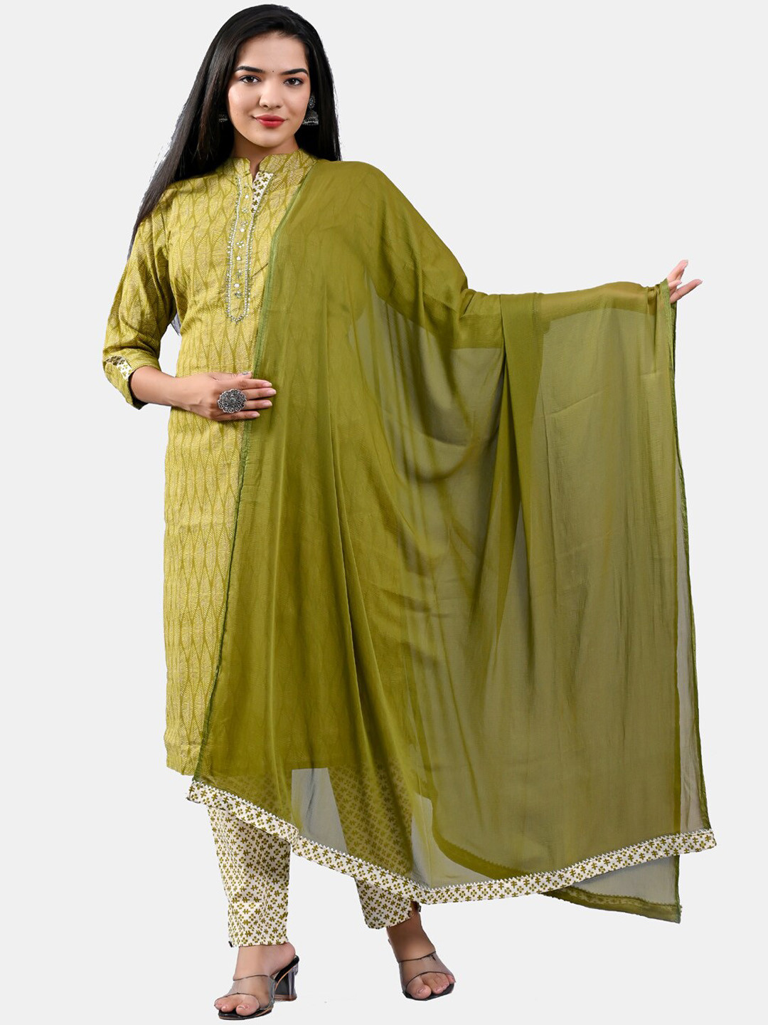 

HIGHLIGHT FASHION EXPORT Printed Mirror Work Pure Cotton Kurta with Trousers & Dupatta, Green