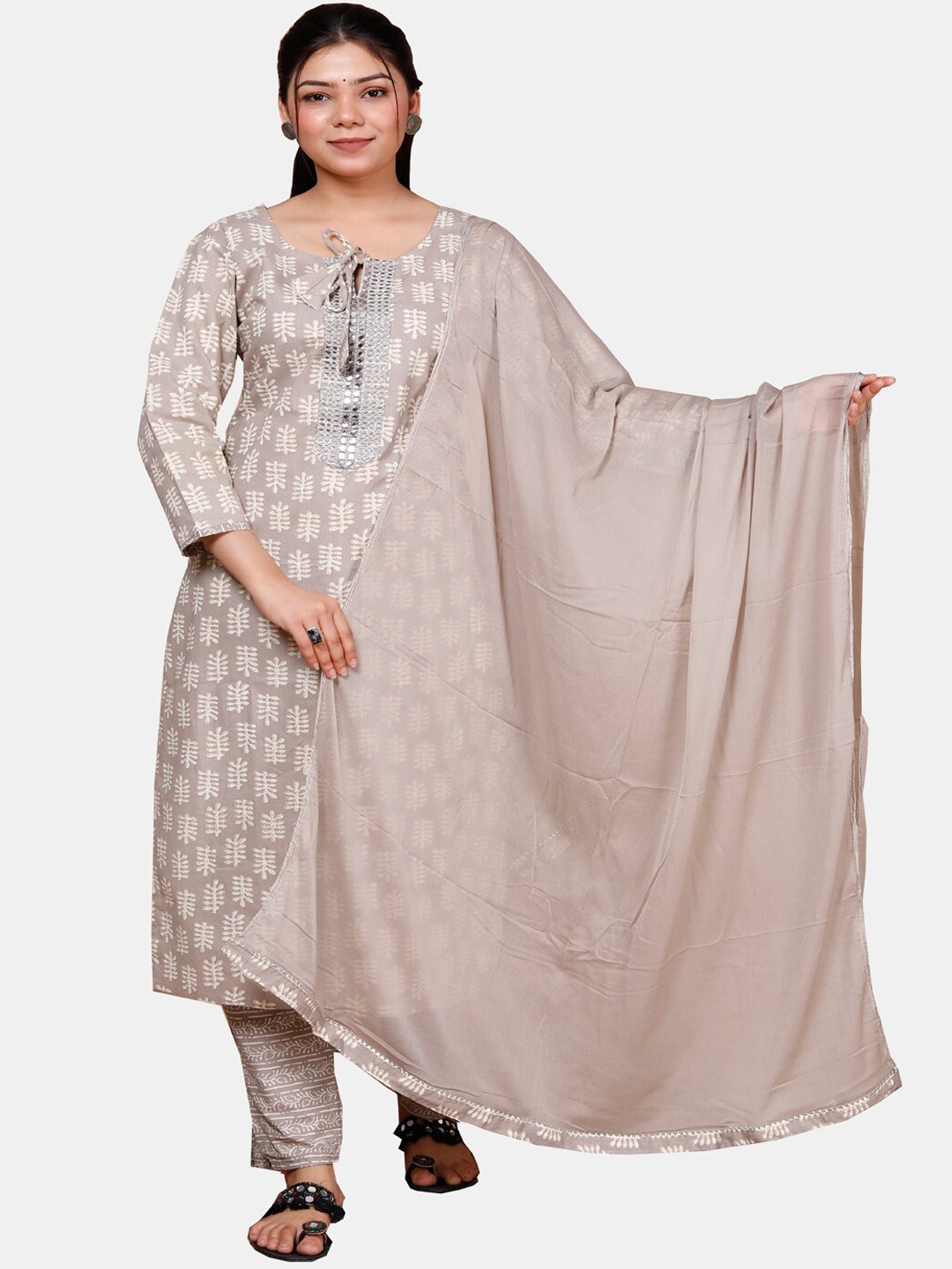 

HIGHLIGHT FASHION EXPORT Printed Mirror Work Pure Cotton Kurta with Trousers & Dupatta, Brown