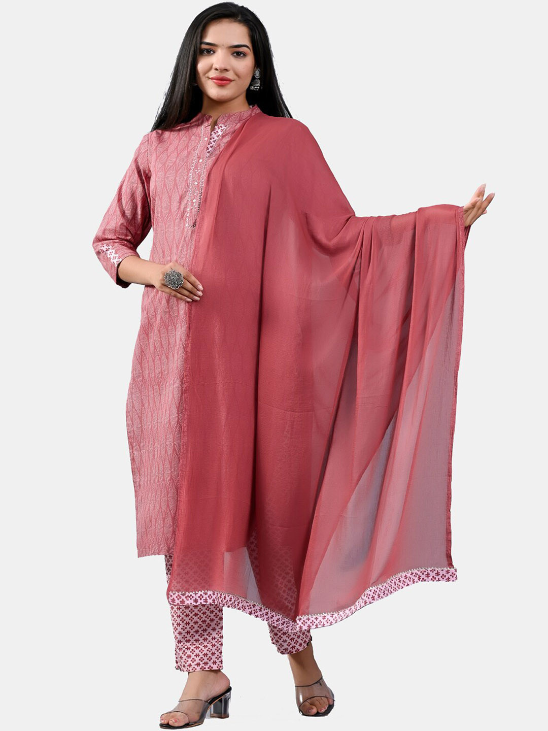 

HIGHLIGHT FASHION EXPORT Printed Mirror Work Pure Cotton Kurta with Trousers & Dupatta, Pink