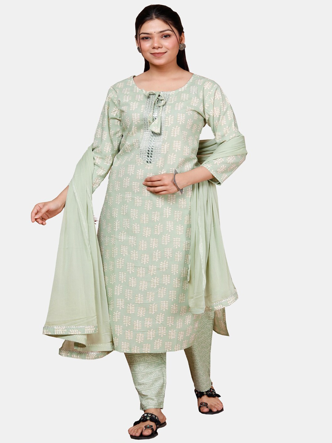 

HIGHLIGHT FASHION EXPORT Printed Mirror Work Pure Cotton Kurta with Trousers & Dupatta, Green