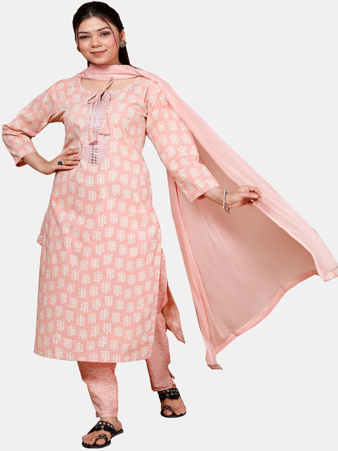 

HIGHLIGHT FASHION EXPORT Printed Mirror Work Pure Cotton Kurta with Trousers & Dupatta, Peach