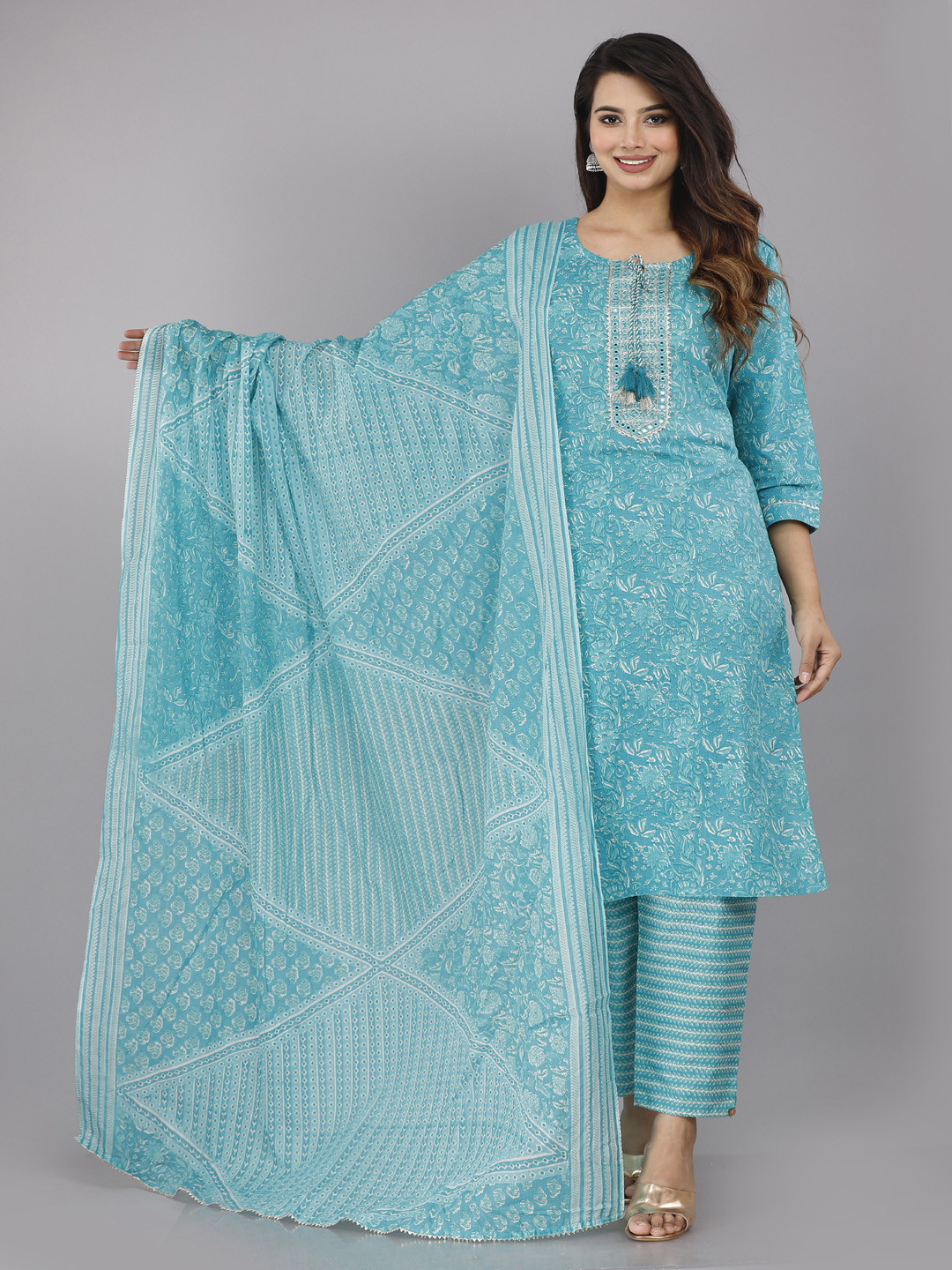 

HIGHLIGHT FASHION EXPORT Printed Mirror Work Pure Cotton Kurta with Trousers With Dupatta, Blue
