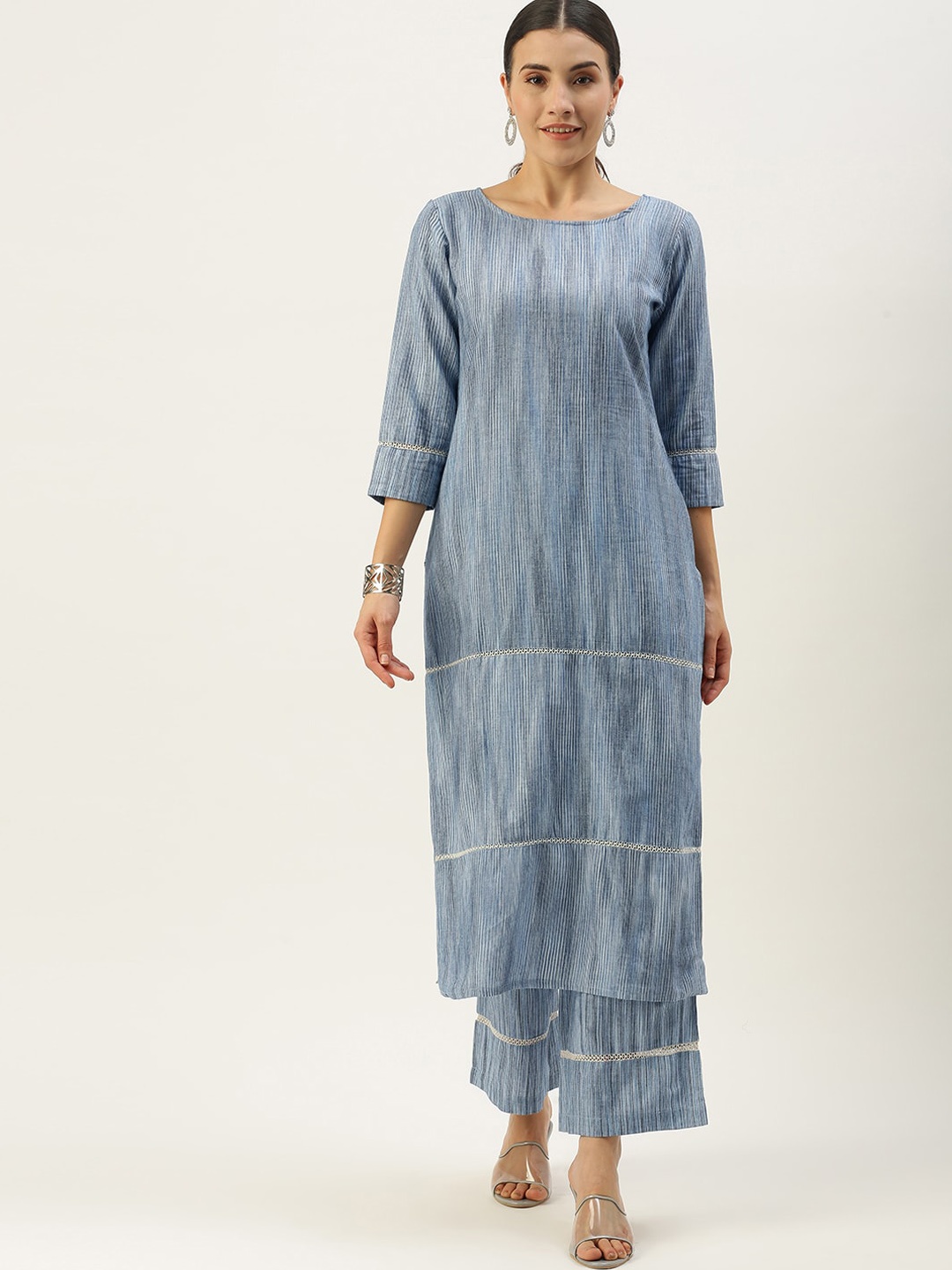 

KALINI Striped Tiered Pure Cotton Kurta with Palazzos, Blue