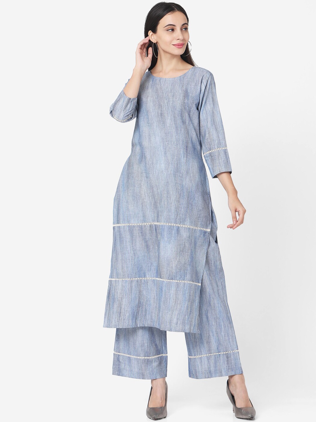 

KALINI Vertical Striped Regular Pure Cotton Kurta with Palazzos, Blue