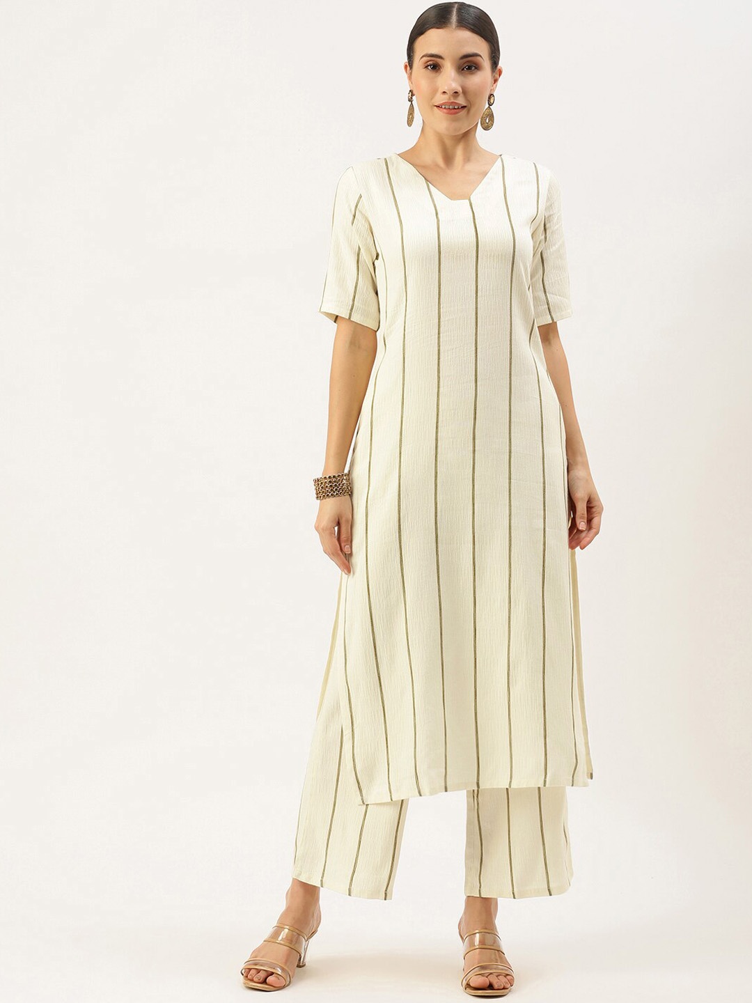 

Saanjh Off White And Olive Green Striped Pure Cotton Straight Kurta With Palazzos