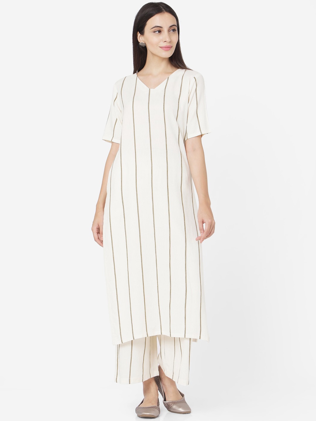 

Saanjh Off White Striped Pure Cotton Kurta with Palazzo