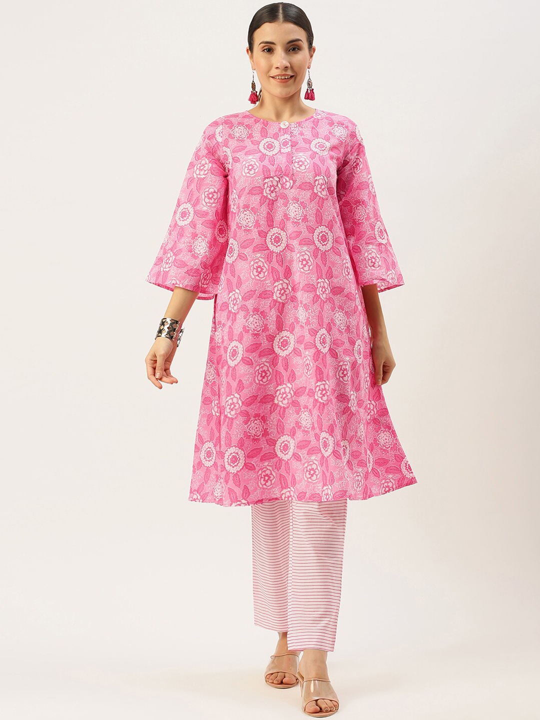 

KALINI Floral Printed Regular Pure Cotton A-Line Kurta With Trousers, Pink