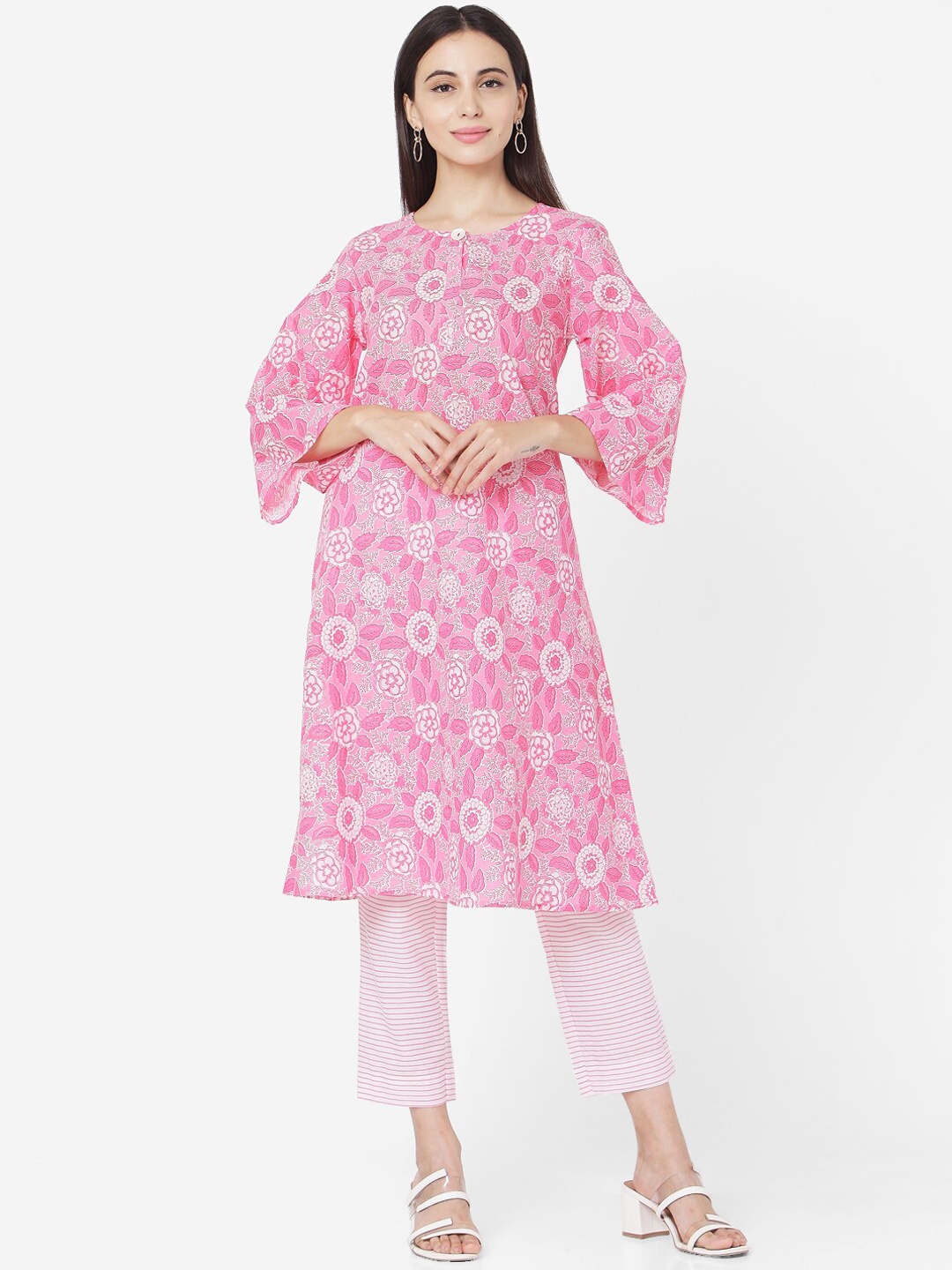 

KALINI Floral Printed Pure Cotton Kurta With Trousers, Pink