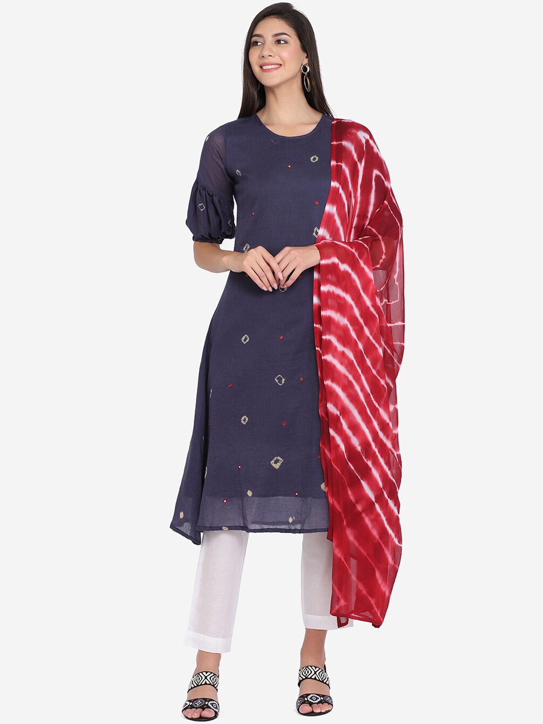 

Saanjh Navy Blue & Red Printed Mirror Work Pure Cotton Kurta With Trousers & Dupatta