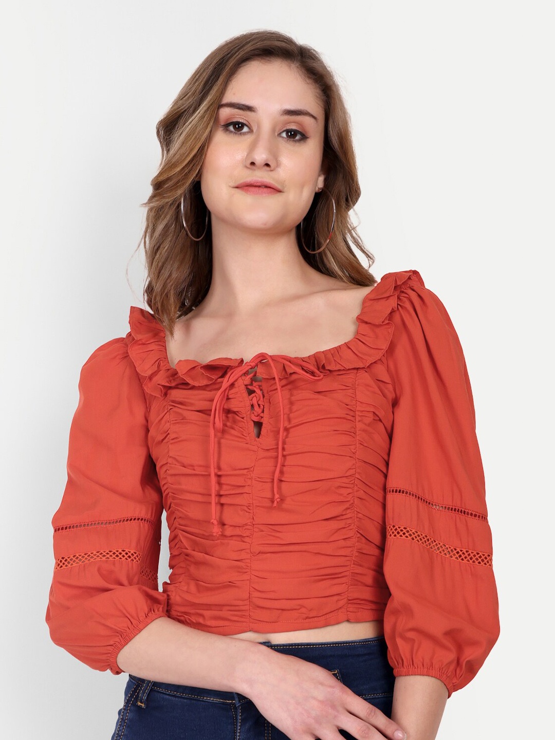 

DOLSU Tie-Up Neck Puff Sleeves Gathered Top, Orange