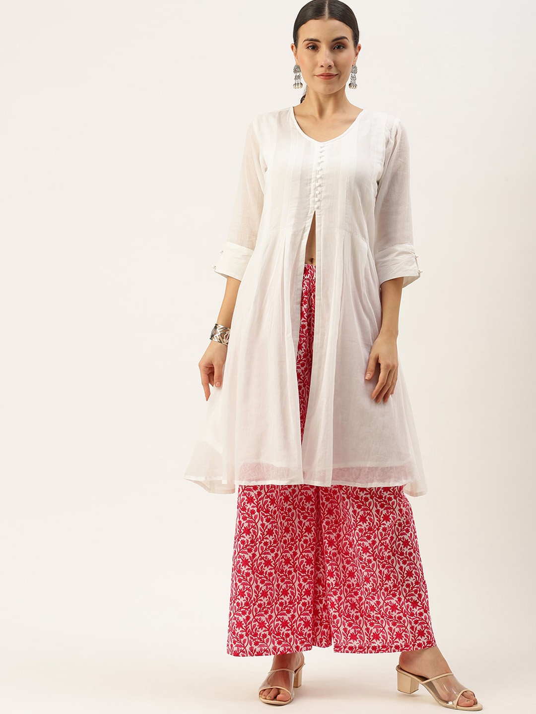 

KALINI High Slit Pure Cotton Kurta With Floral Printed Palazzos, White