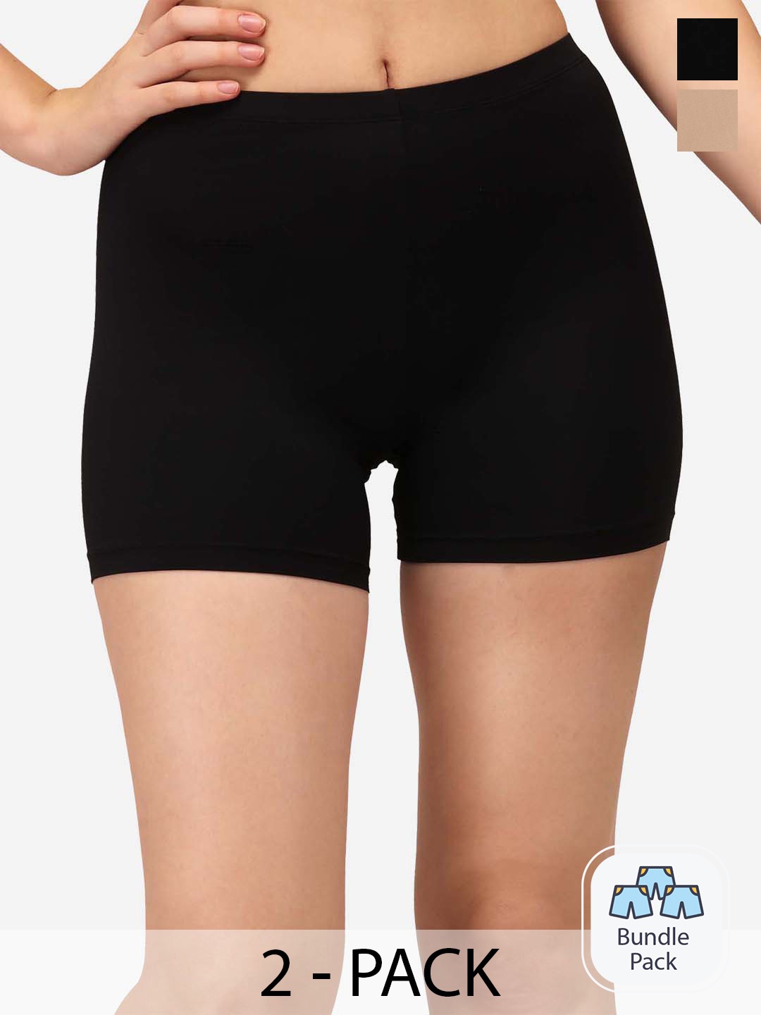 

Soie Pack of 2 Mid Rise Soft Polyamide Spandex Mid Thigh Length Cycling Shorts, Black