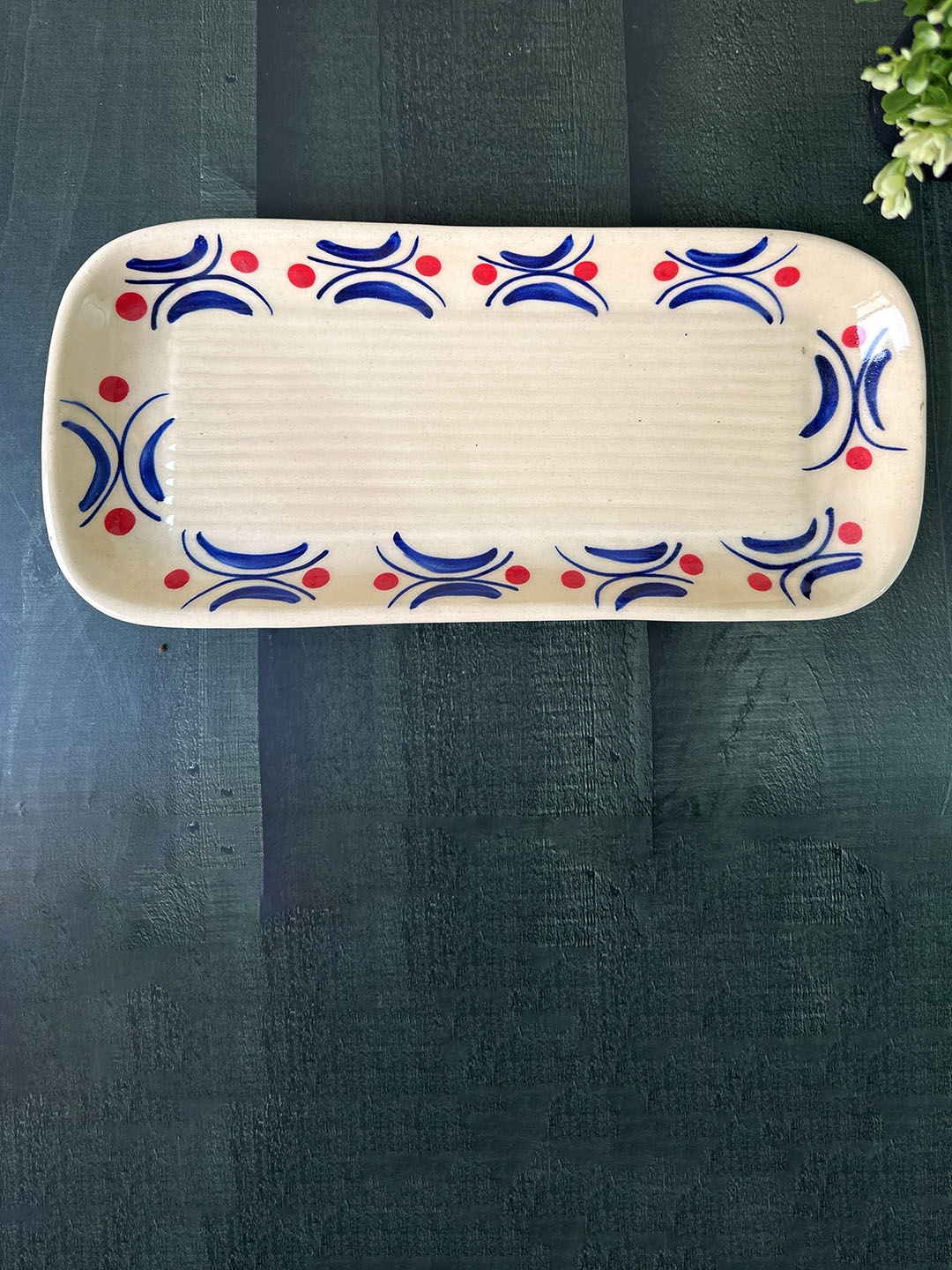 

CasaTrunk Cream-Coloured & Blue Printed Rectangular Food Platter
