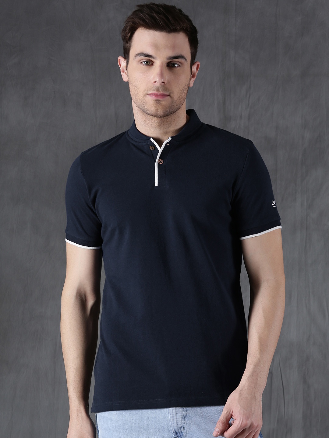 

WROGN Men Navy Blue Solid Polo Collar Slim Fit T-shirt