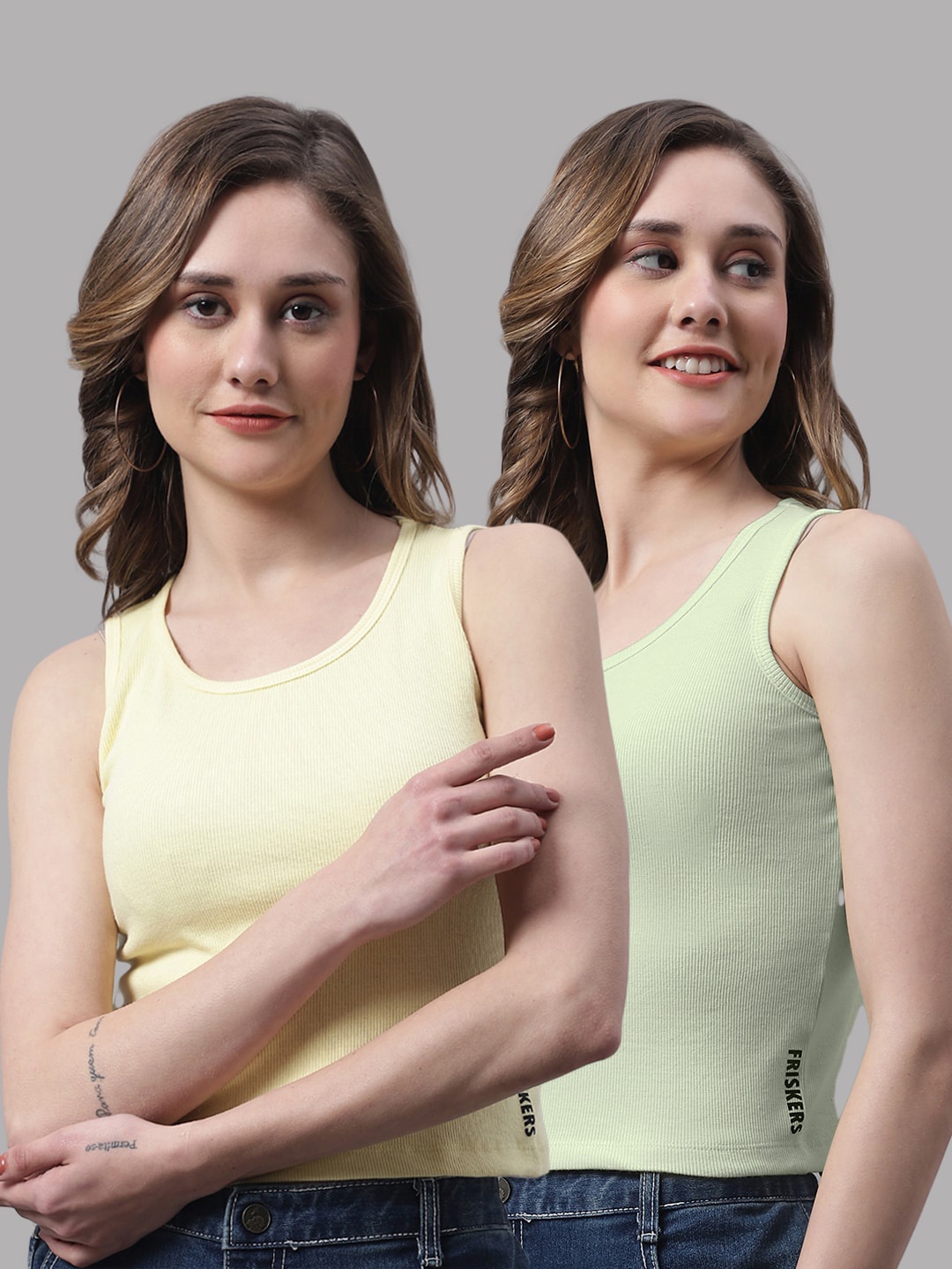 

FBAR Pack Of 2 Round Neck Skin Friendly Bio-Wash Pure Cotton Fitted Crop Tops, Yellow