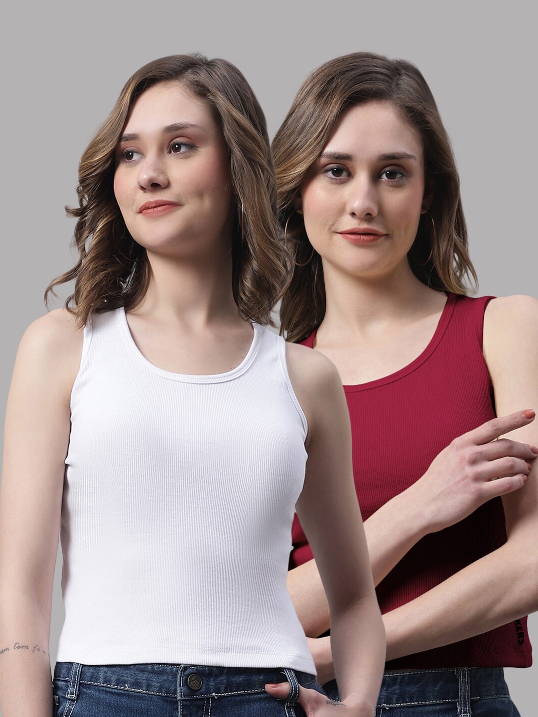 

FBAR Pack Of 2 Round Neck Skin Friendly Bio-Wash Pure Cotton Fitted Crop Tops, White