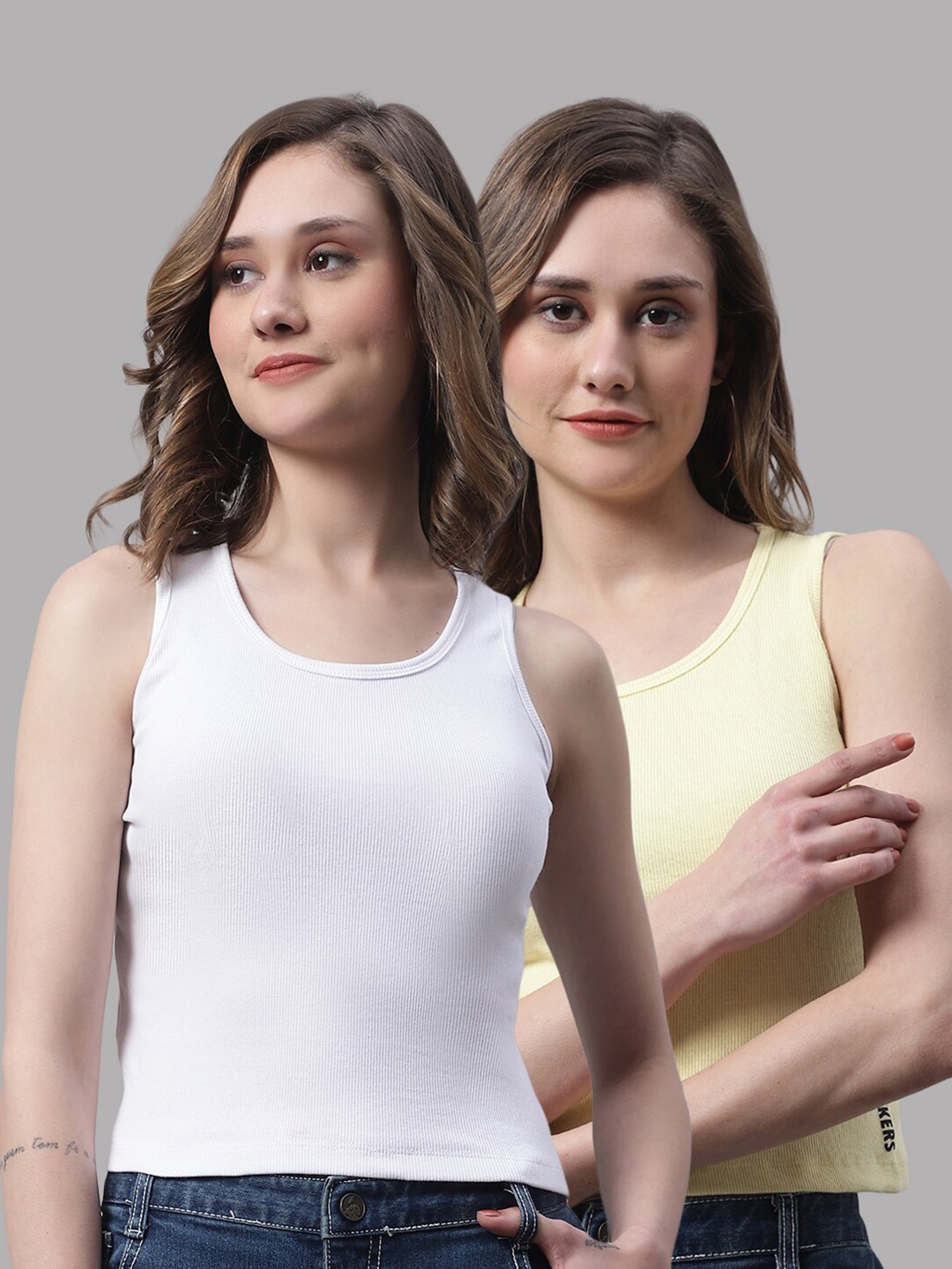 

FBAR Pack Of 2 Round Neck Skin Friendly Bio-Wash Pure Cotton Fitted Crop Tops, White