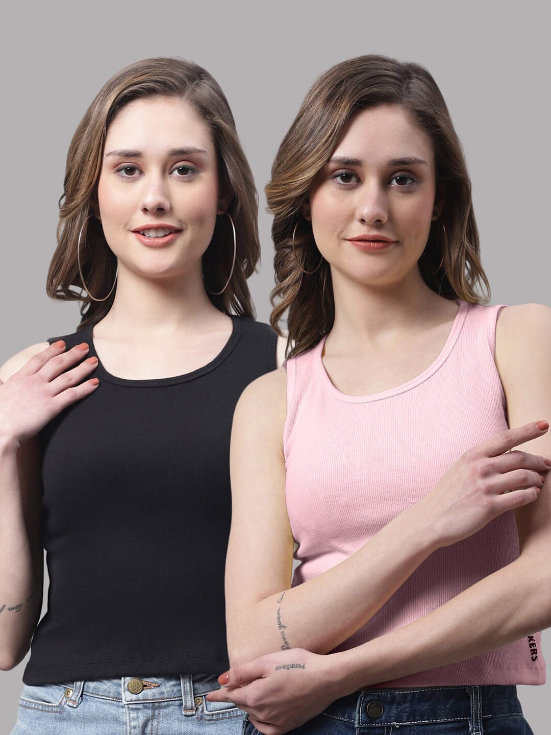 

FBAR Pack Of 2 Round Neck Skin Friendly Bio-Wash Pure Cotton Fitted Crop Tops, Black