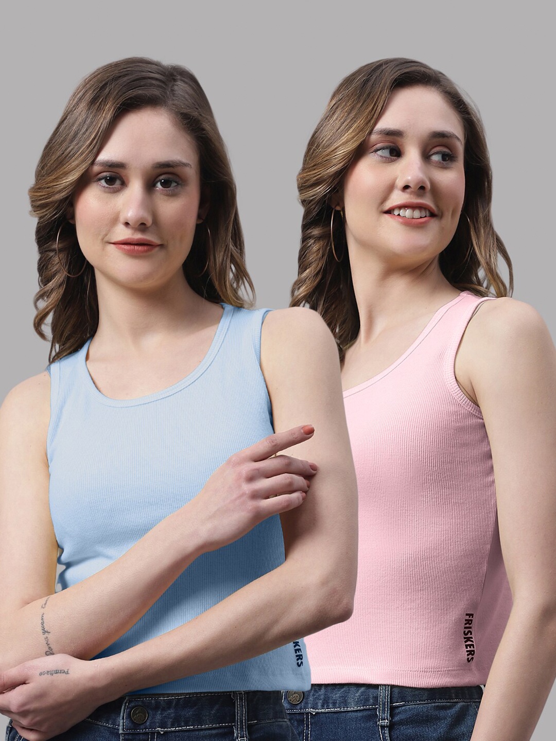 

FBAR Pack Of 2 Round Neck Skin Friendly Bio-Wash Pure Cotton Fitted Crop Tops, Turquoise blue