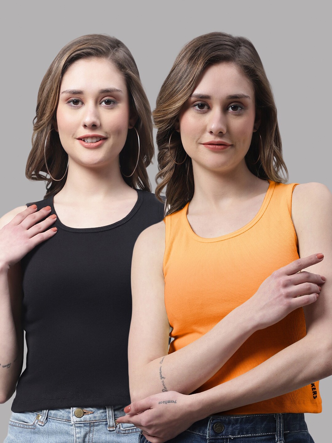 

FBAR Pack Of 2 Round Neck Skin Friendly Bio-Wash Pure Cotton Fitted Crop Tops, Black