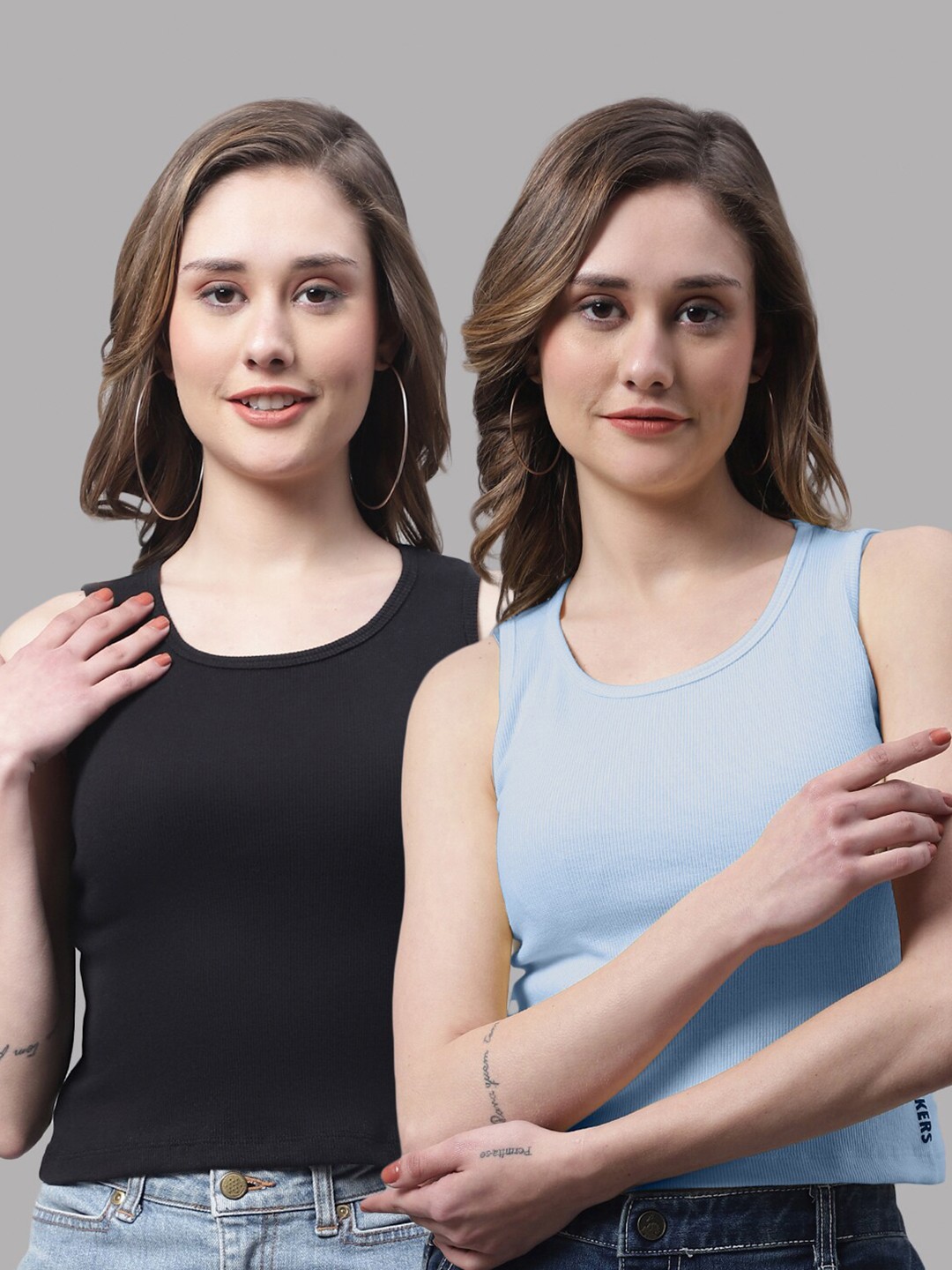 

FBAR Pack Of 2 Round Neck Skin Friendly Bio-Wash Pure Cotton Fitted Crop Tops, Black