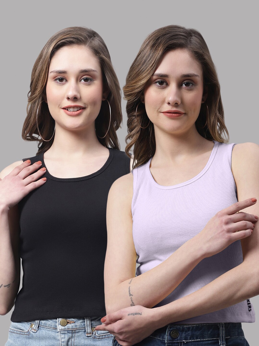 

FBAR Pack Of 2 Round Neck Skin Friendly Bio-Wash Pure Cotton Fitted Crop Tops, Black