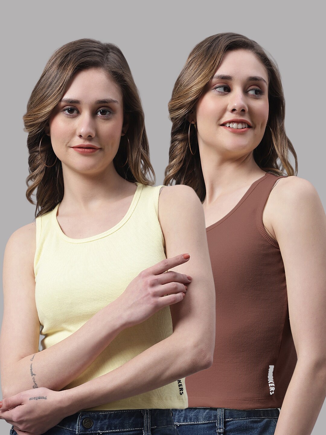 

FBAR Pack Of 2 Round Neck Cotton Rib Tank Tops, Yellow