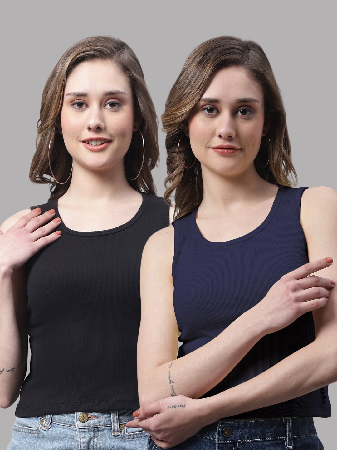 

FBAR Pack Of 2 Round Neck Tank Crop Cotton Top, Black