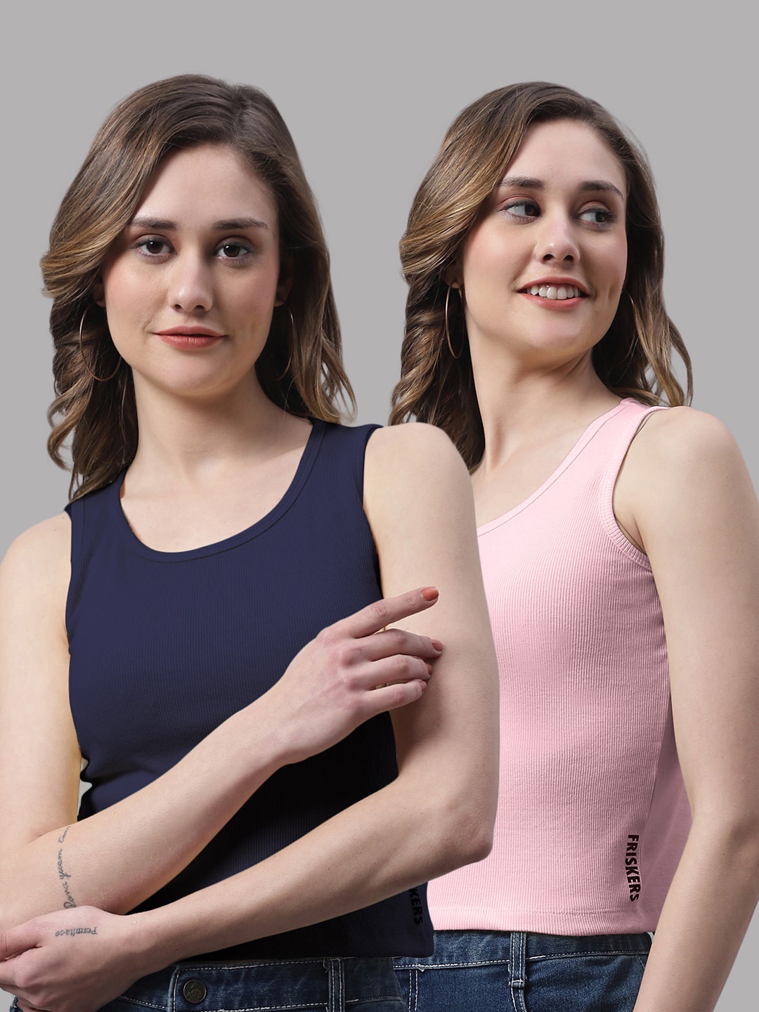 

FBAR Pack Of 2 Cotton Crop Top, Navy blue