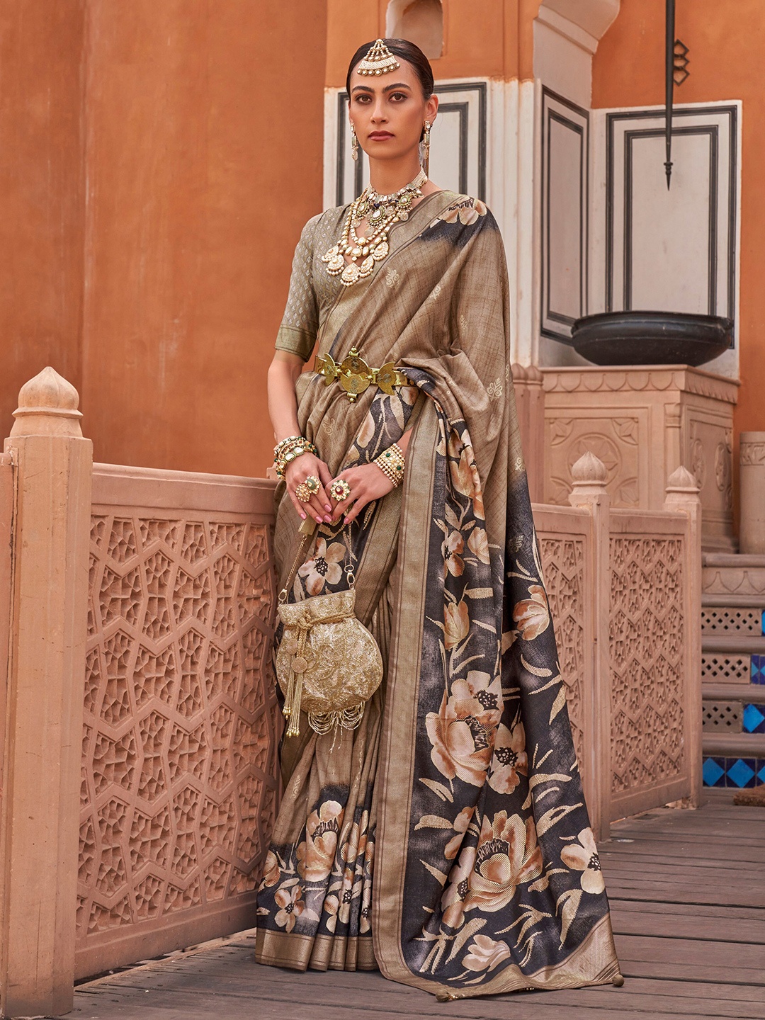 

elora Floral Printed Zari Pure Silk Bhagalpuri Saree, Brown