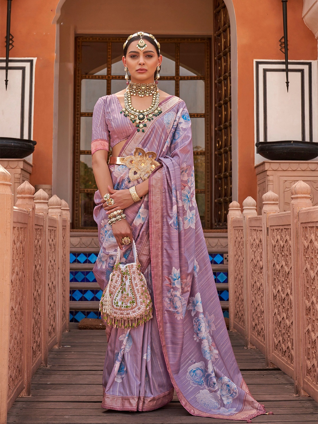 

elora Floral Printed Zari Pure Silk Bhagalpuri Saree, Purple