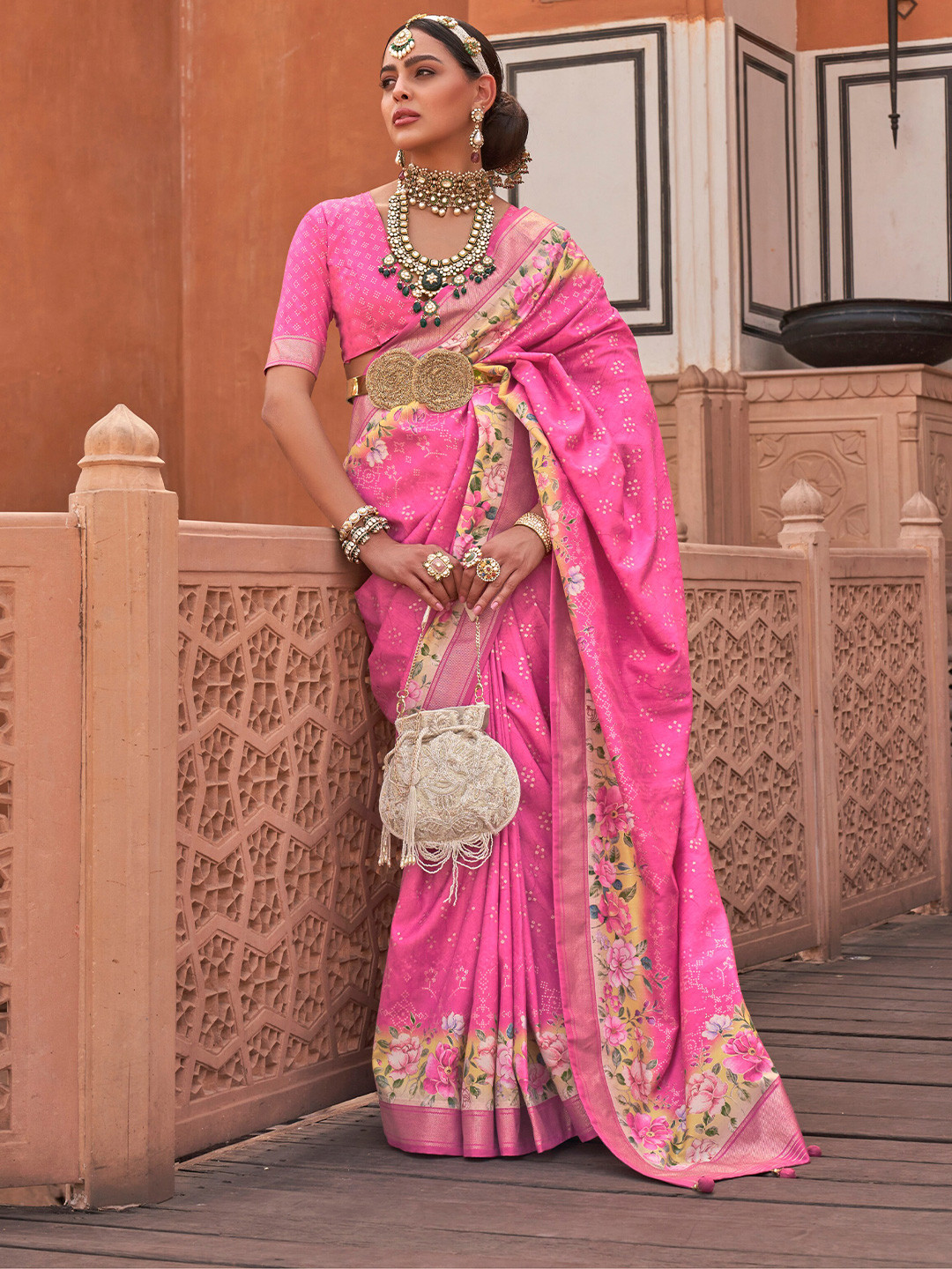 

elora Floral Printed Zari Pure Silk Bhagalpuri Saree, Pink